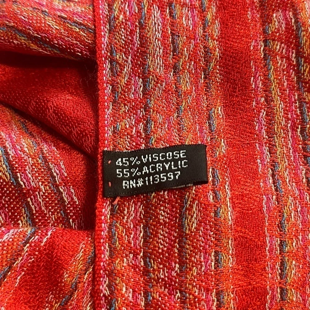 Soft Red Scarf with Striping and Fringe- Viscose and Acrylic Blend